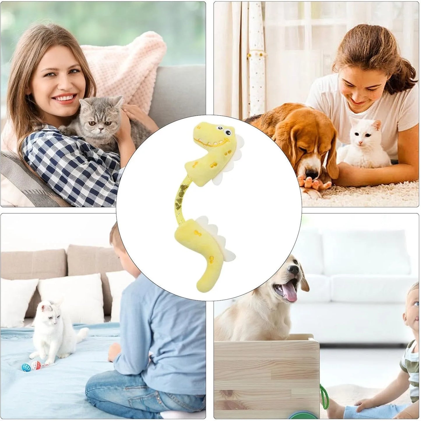 Set of four colourful plush cat toys: a fish, a mouse, a bunny, and a knotted rope, on a neutral background.