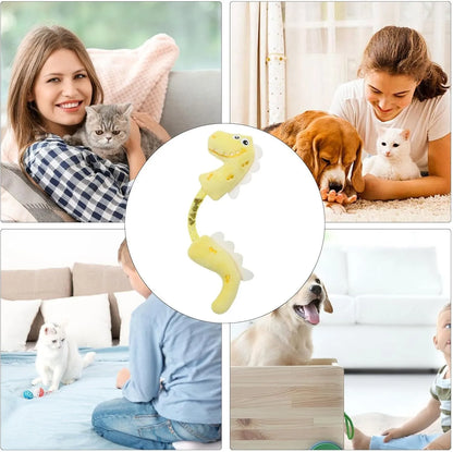 Set of four colourful plush cat toys: a fish, a mouse, a bunny, and a knotted rope, on a neutral background.