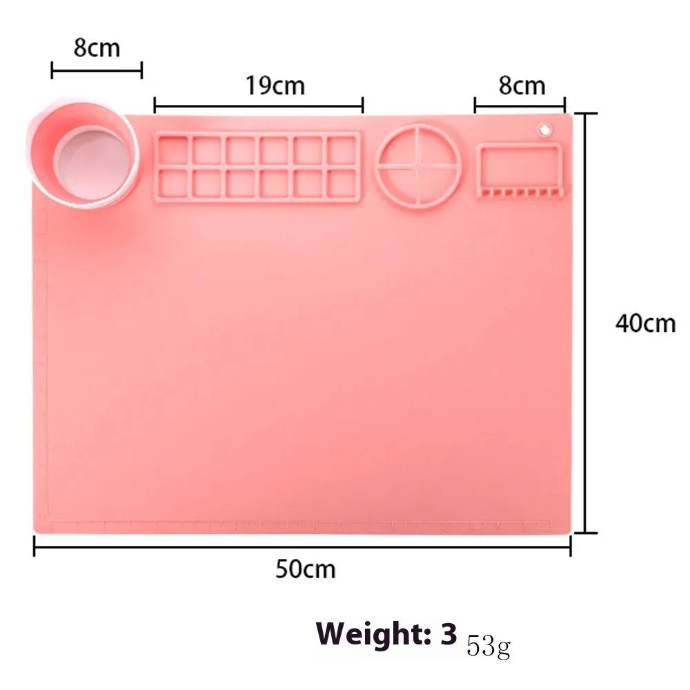 Silicone double bowl painting mat in green colour, 50x40cm with integrated mixing bowls for watercolour art