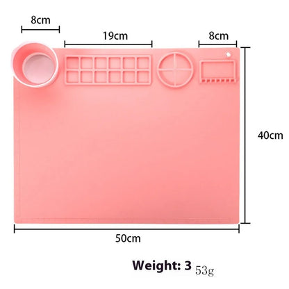 Silicone double bowl painting mat in green colour, 50x40cm with integrated mixing bowls for watercolour art