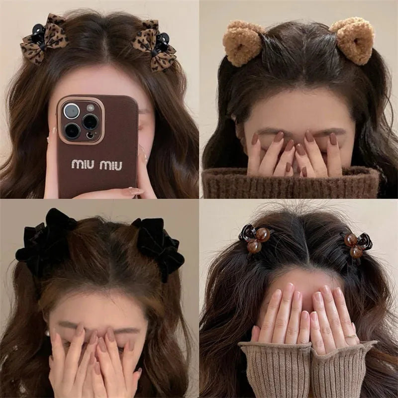 Leopard Bow Hair Barrettes Plastic Bang Clips for Women and Girls Black Suede Brown Leopard Coffee Double Beads Dark Coffee Triangle Hair Accessories