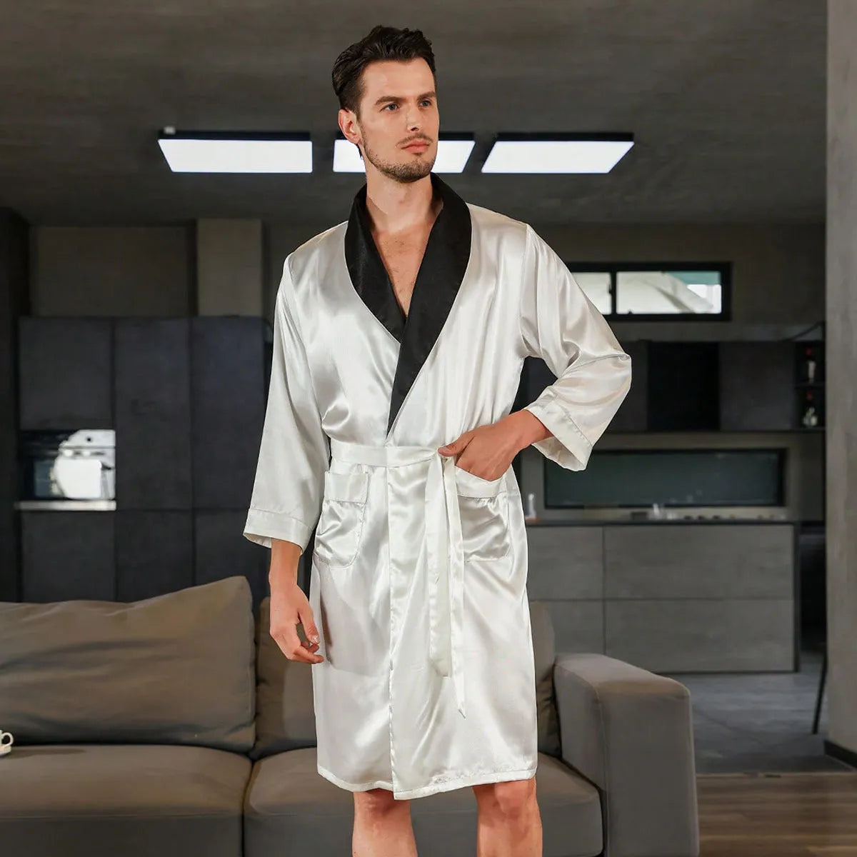 Men's silk bathrobe in summer colours including black with yellow collar and red crane design