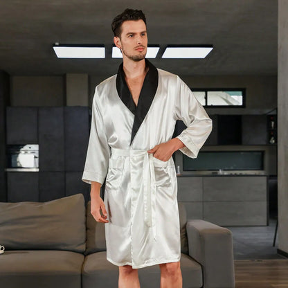 Men's silk bathrobe in summer colours including black with yellow collar and red crane design