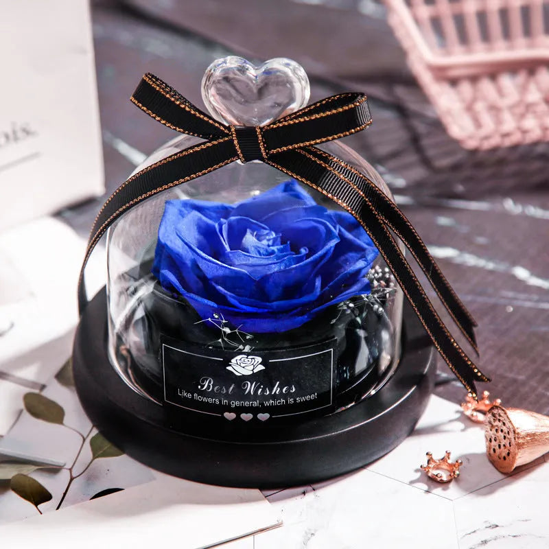 LED eternal real rose preserved in a glass dome home decor with colour options.
