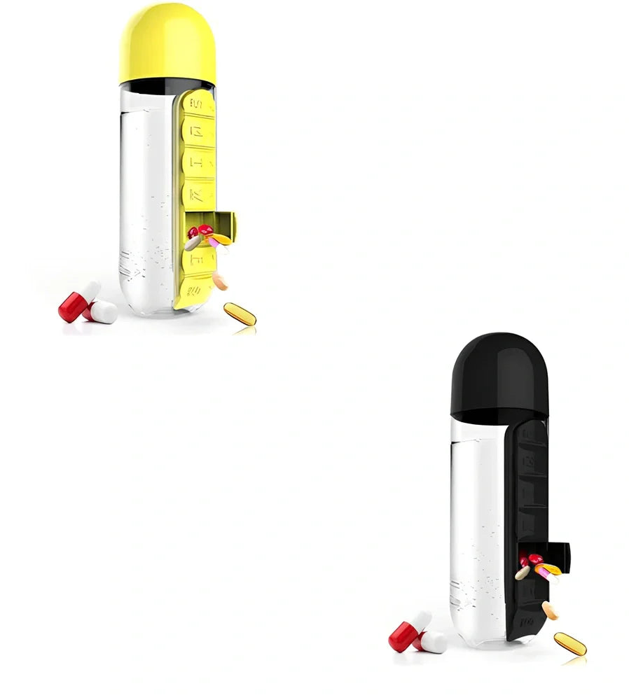 Two-in-one water cup with attached 7-day pill organiser showing daily compartments and screw-top lid