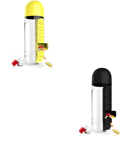 Two-in-one water cup with attached 7-day pill organiser showing daily compartments and screw-top lid