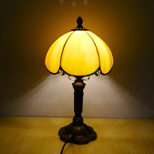 Beige fabric shade bedside lamp measuring 20cm wide with modern simple design