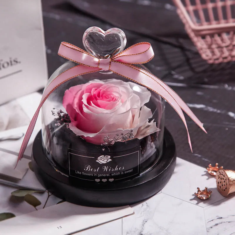 LED eternal real rose preserved in a glass dome home decor with colour options.