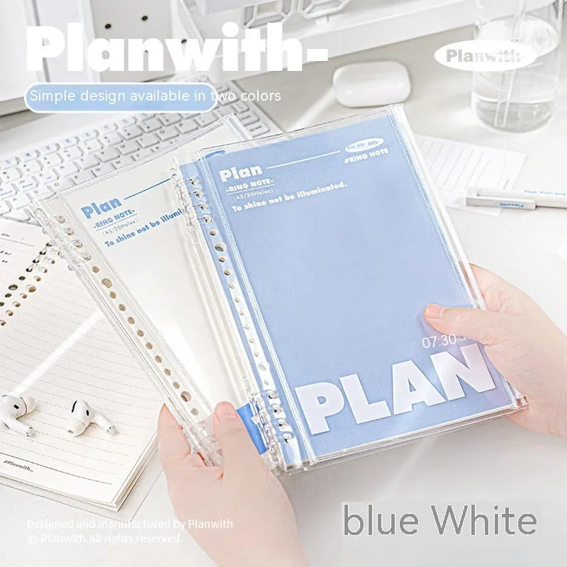 A5 PVC notebook storage organiser with clear front window in white or blue colour