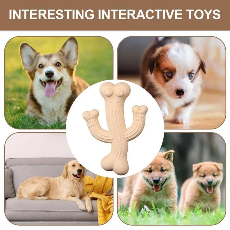 Beige cactus-shaped dog chew toy made from bamboo fibre and rubber on a white background.