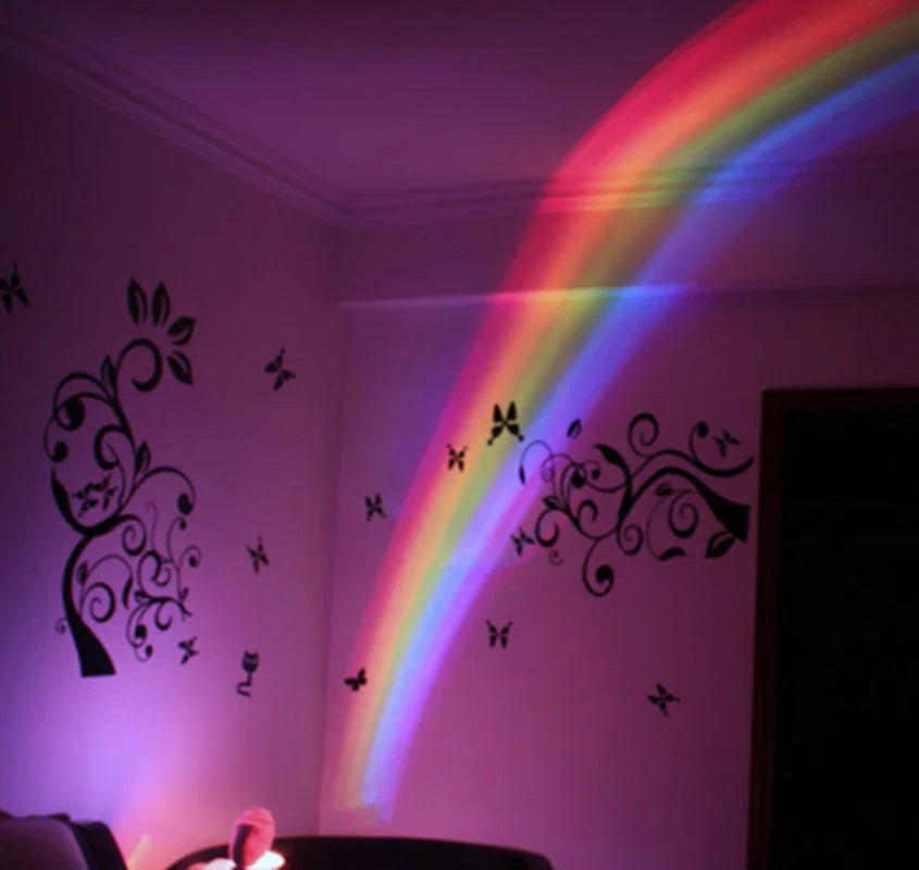 Magical Rainbow Projection Night Light casting colorful lights on a wall, creating a romantic and relaxing atmosphere