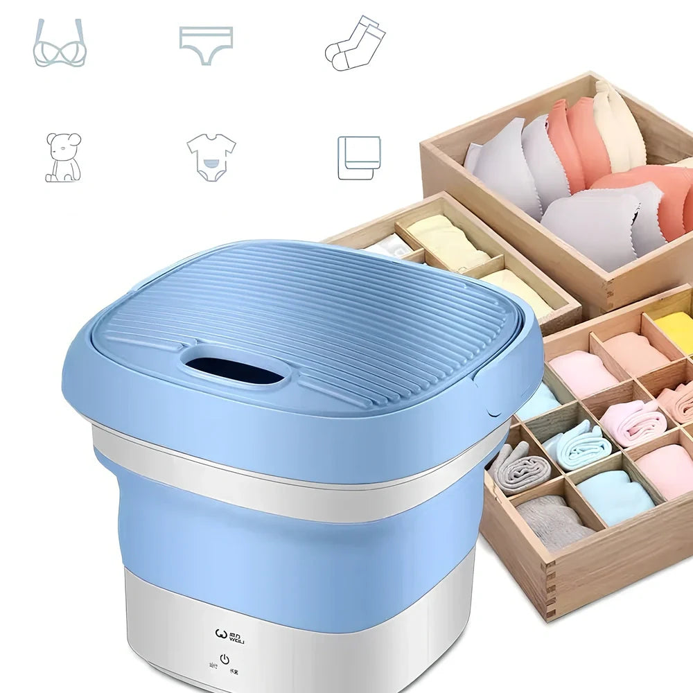 Blue Weili BX-3 folding washing machine unfolded, 0.8kg tub capacity, plastic portable design for small laundry loads