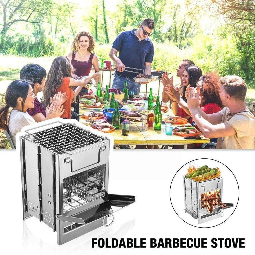 Silver portable folding stainless steel camping stove unfolded to 21x15x15cm with 15x15cm grill for wood and charcoal