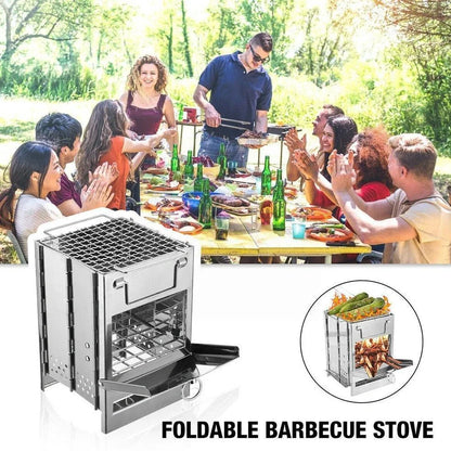 Silver portable folding stainless steel camping stove unfolded to 21x15x15cm with 15x15cm grill for wood and charcoal