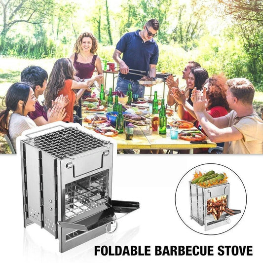 Silver portable folding stainless steel camping stove unfolded to 21x15x15cm with 15x15cm grill for wood and charcoal