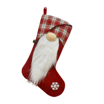 Charming Christmas stockings with red plaid pattern and 3D dwarf accents, perfect for festive home decor