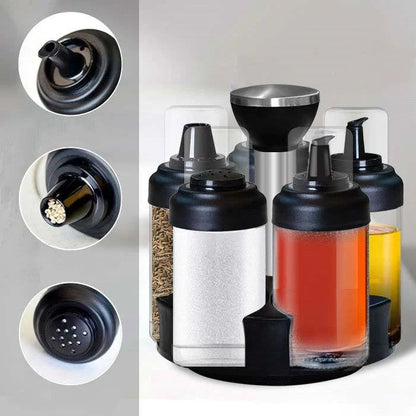 Glass rotating seasoning box set with anti-leakage design on kitchen counter
