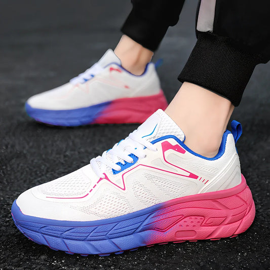 Men's and women's running shoes with mesh upper, EVA-rubber sole, slope heel design in white, black, red or yellow