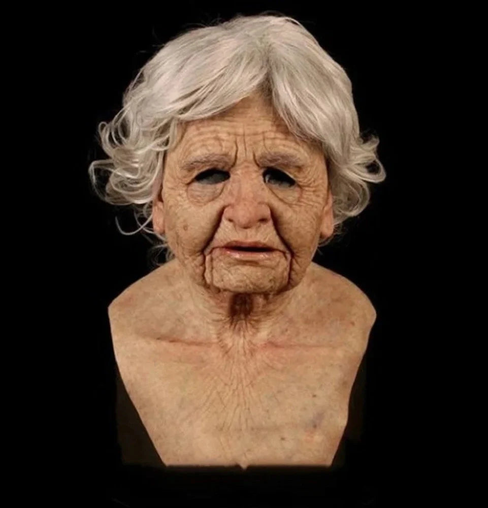 Latex old man Halloween mask with white hair and beard showing realistic facial wrinkles