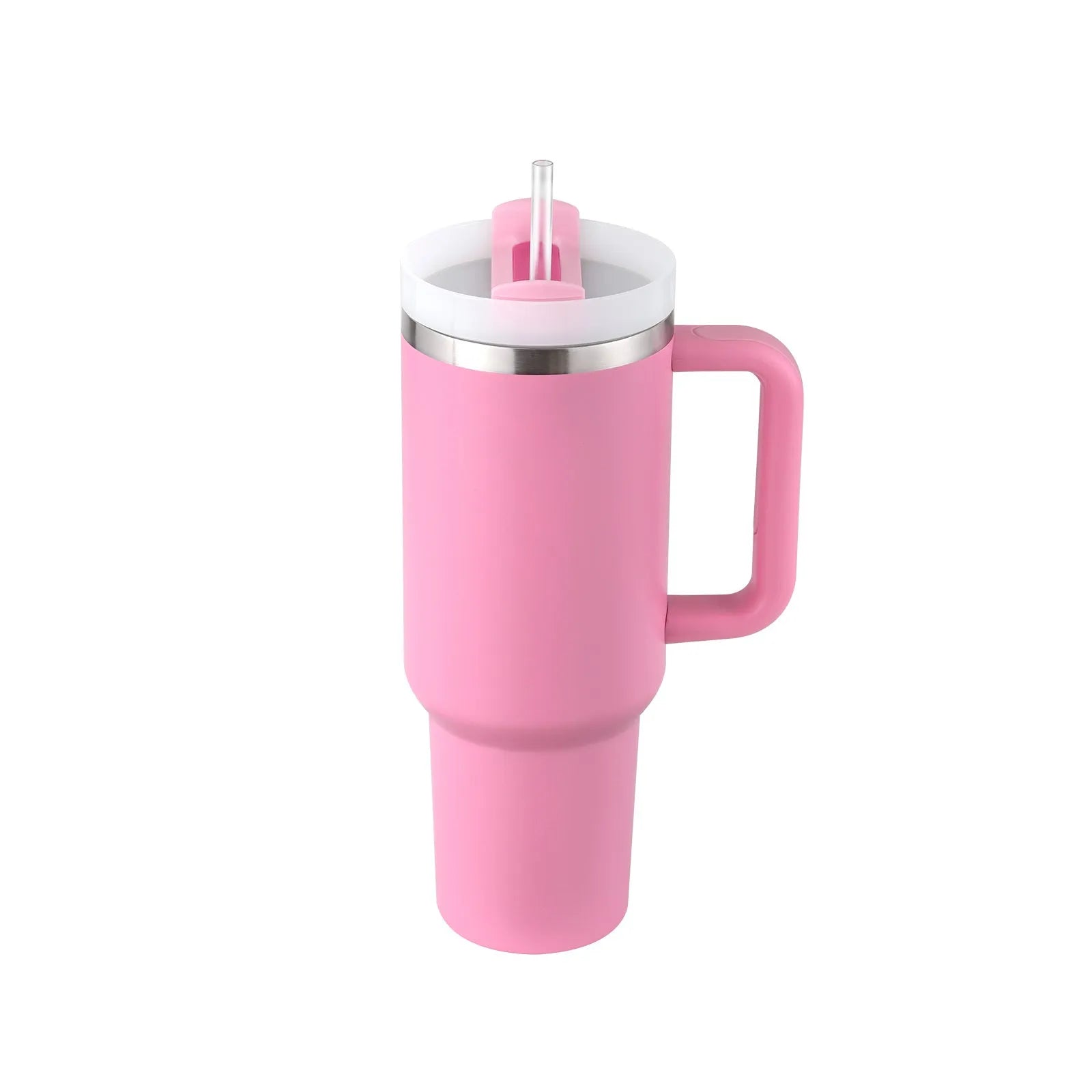 40 oz stainless steel insulated tumbler with handle and straw in tapered mug design