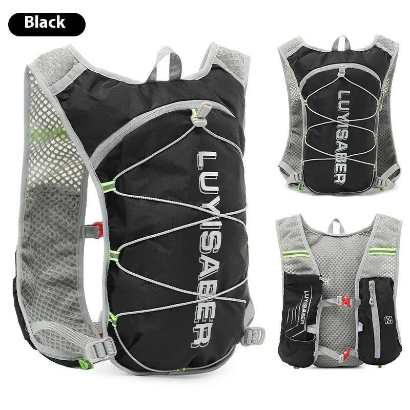 Nylon running backpack with reflective strips shown in multiple colour options.