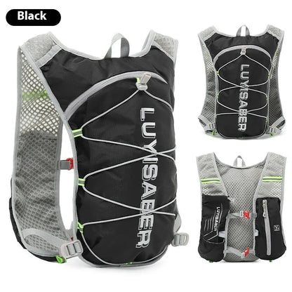 Nylon running backpack with reflective strips shown in multiple colour options.