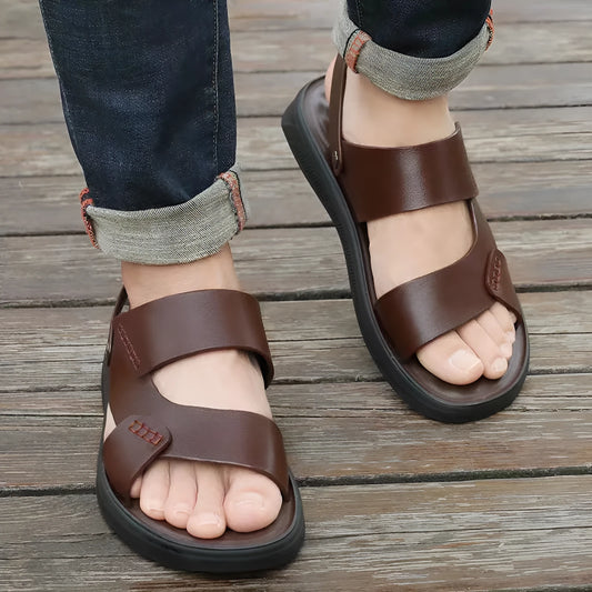 Men's black and brown waterproof plastic casual beach sandals showing size range 39-45.