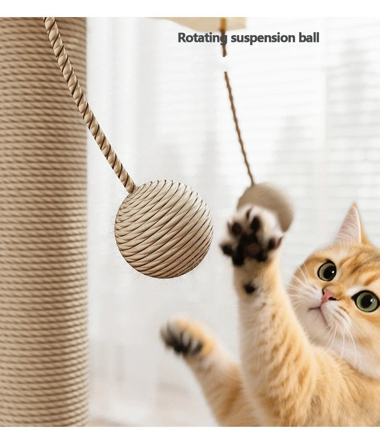 Pine wood cat climbing frame with windmill hanging ball and carpet leather scratching surfaces