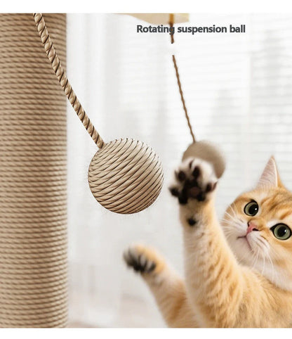 Pine wood cat climbing frame with windmill hanging ball and carpet leather scratching surfaces
