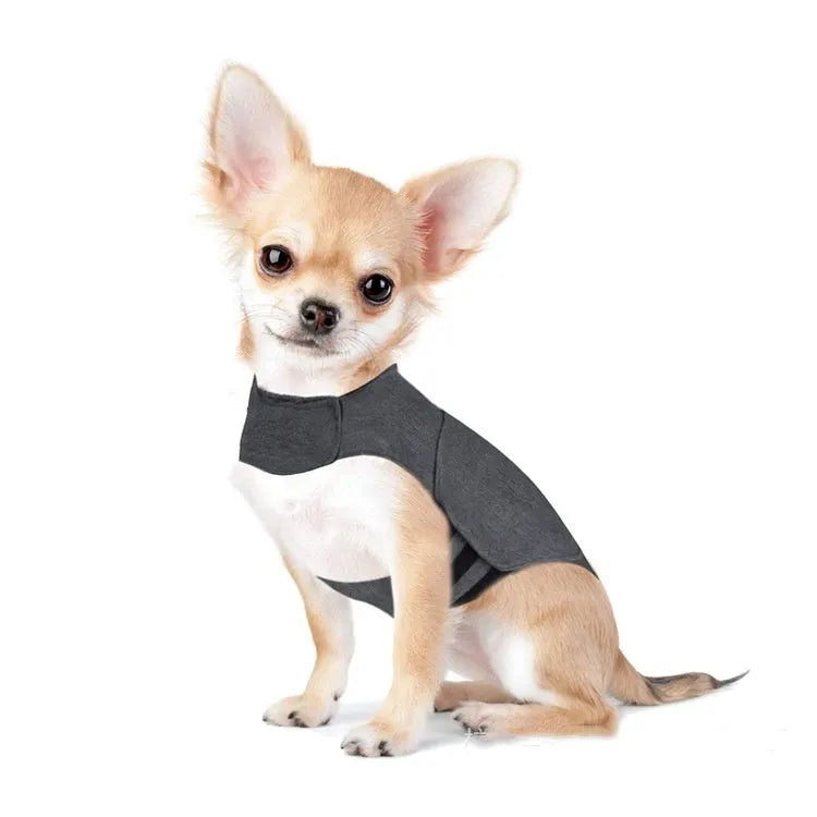 Heather grey dog anxiety vest made from brocade cotton ponte-de-roma fabric for pressure therapy
