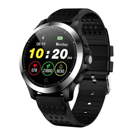 W8 ECG smart bracelet with metal stainless steel body, round colour screen, and TPU strap in black, brown, or coffee.