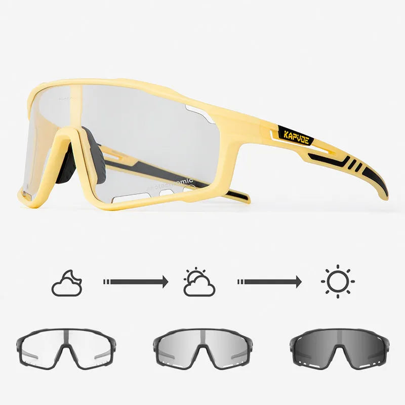 Photochromic cycling sports goggles with a semi-rimless TR90 frame and adaptive tint lens.