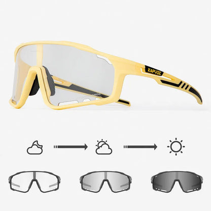Photochromic cycling sports goggles with a semi-rimless TR90 frame and adaptive tint lens.
