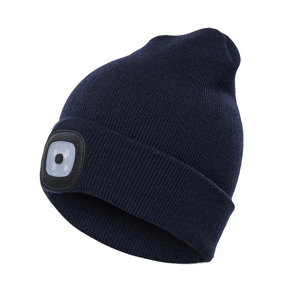 LED knit hat with glowing light for nighttime visibility and warmth
