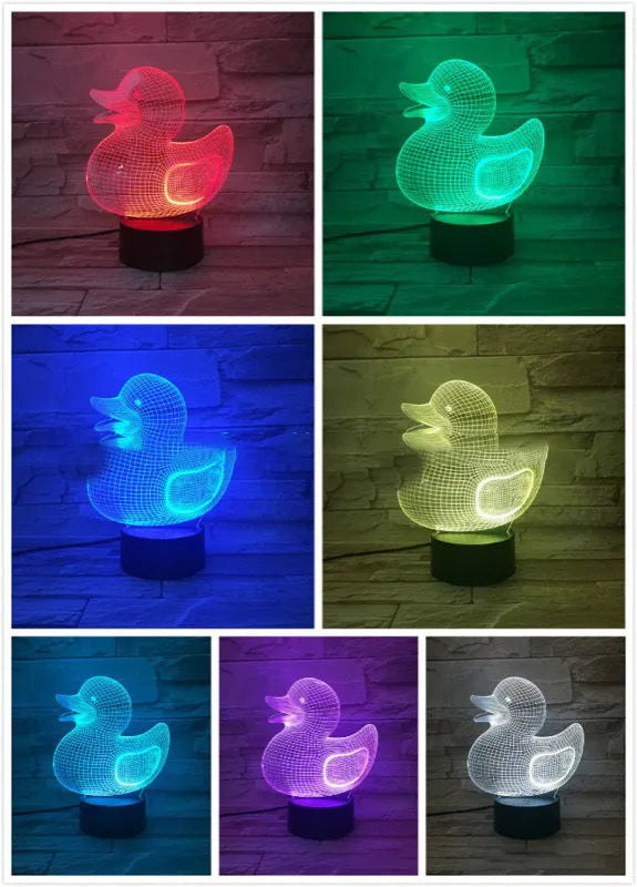 Little Yellow Duck 3D night light with remote control, showing seven colour options and dimensions of 200x150x87mm