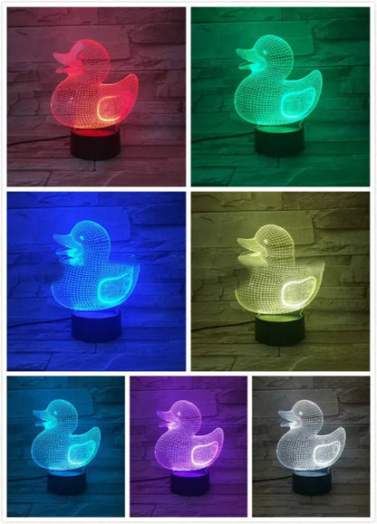 Little Yellow Duck 3D night light with remote control, showing seven colour options and dimensions of 200x150x87mm