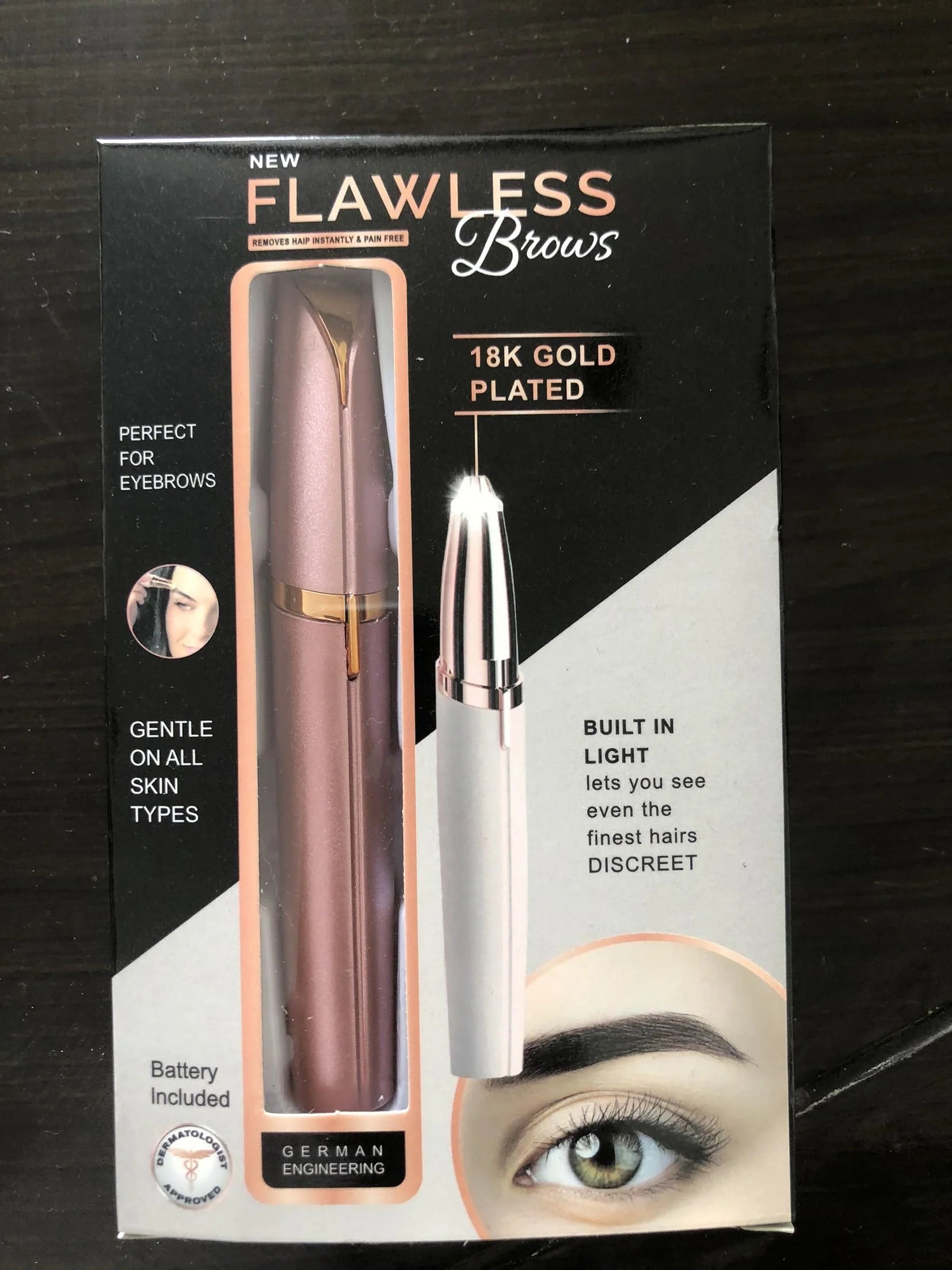 Mini electric eyebrow trimmer with LED light and gold plated head
