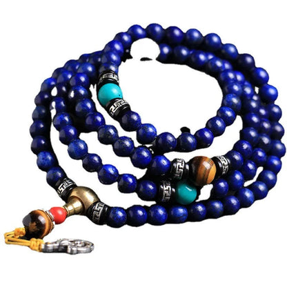 Natural lapis lazuli 108 bead bracelet with zodiac animal modelling in blue stone with gold flecks