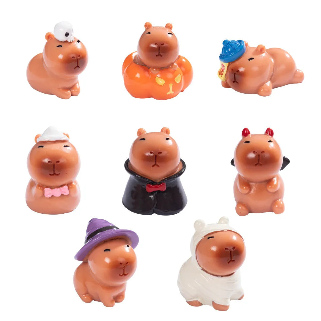 Eight Halloween character capybara resin decorations including pumpkin, zombie and vampire designs
