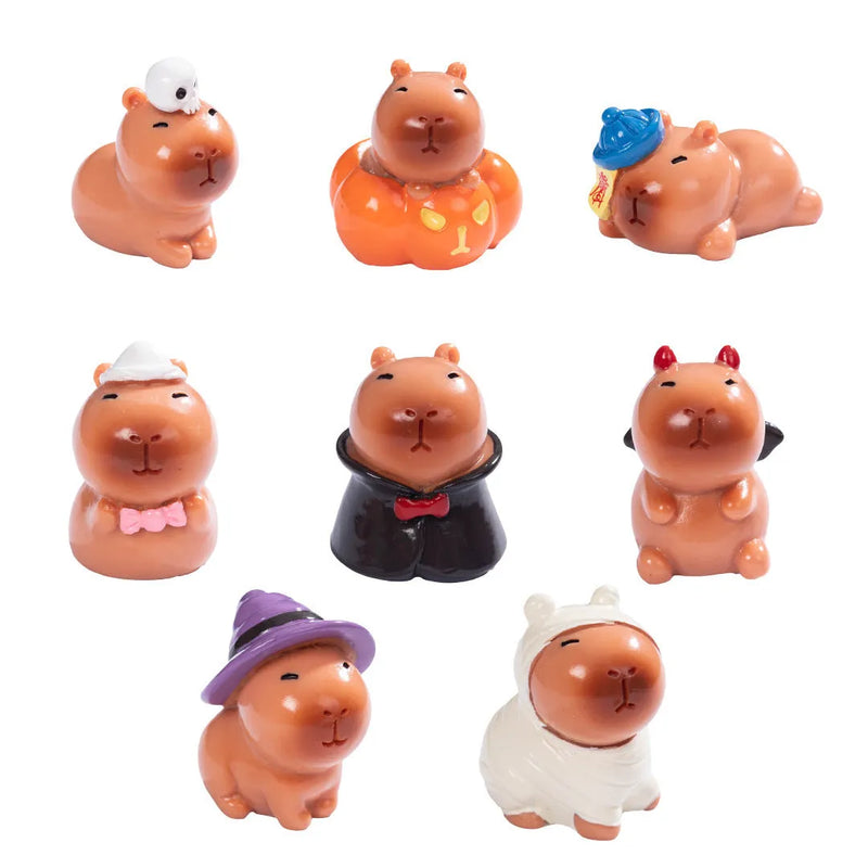 Halloween resin decorations micro landscape capybara figures in eight character designs including pumpkin, zombie, little ghost, mummy, vampire, witch hat, little devil and skull themed collectible plastic crafts