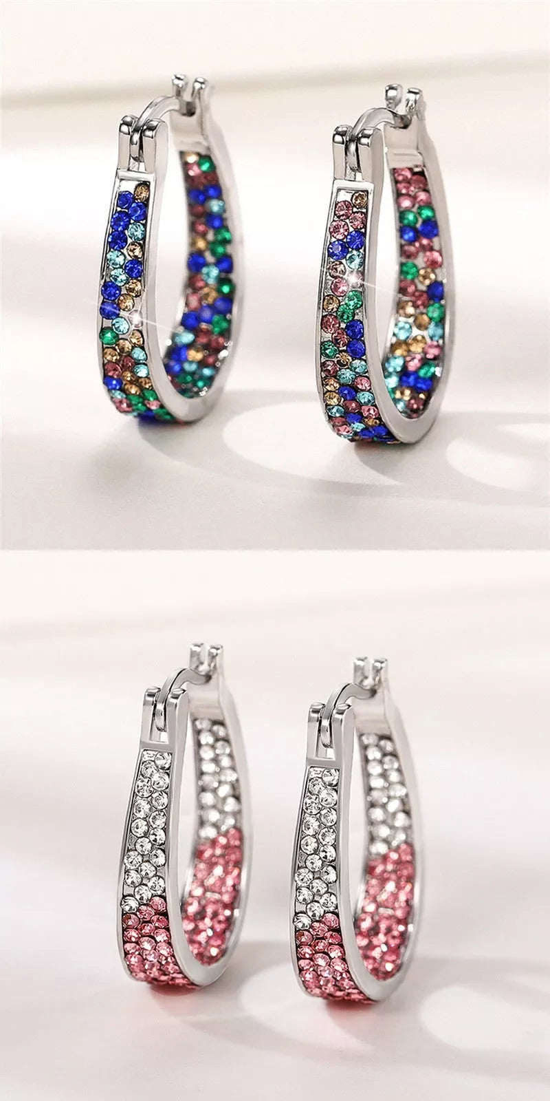 Colorful geometric diamond earrings for women in pink, purple, sky blue, and multicolor options