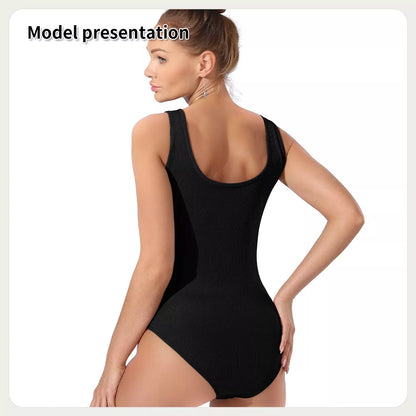 Women's solid color bodysuit in black and coffee, featuring stretchable fabric for a comfortable fit.