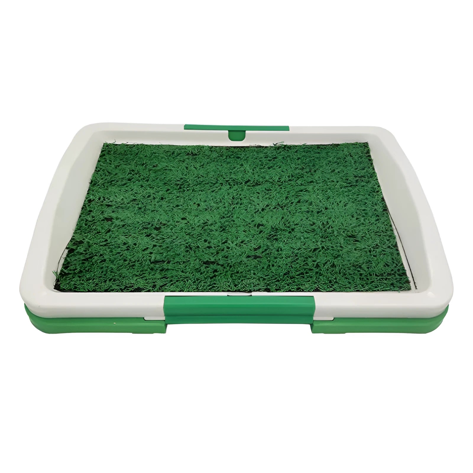 Green synthetic grass indoor dog toilet tray with plastic base for puppy training.