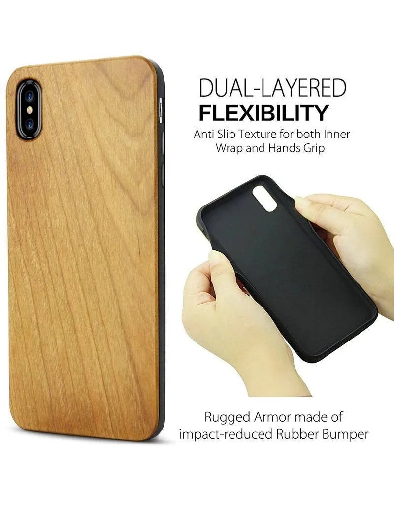 Wooden iPhone case with a laser-carved floral design and a black TPU bumper, shown fitted on an iPhone.
