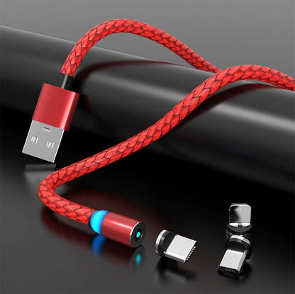 Magnetic data cable with breathing light indicator in multiple colours, showing Apple, Android and USB-C magnetic head options