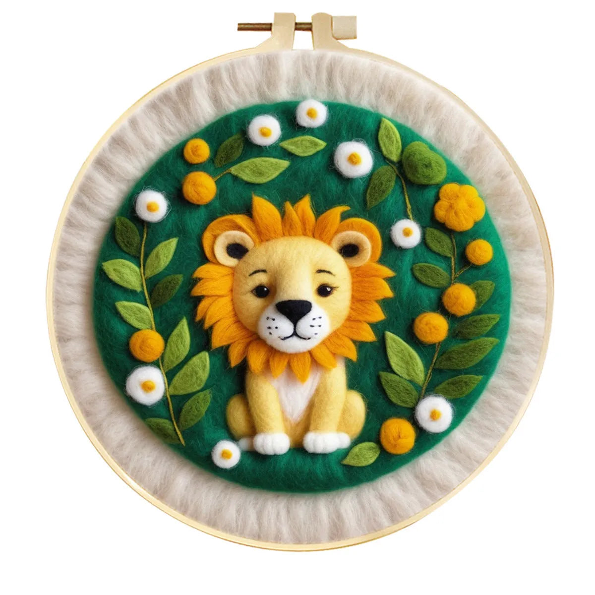 Round fabric embroidery kit with 20x20cm linen frame and wool felt for three-dimensional floral artwork