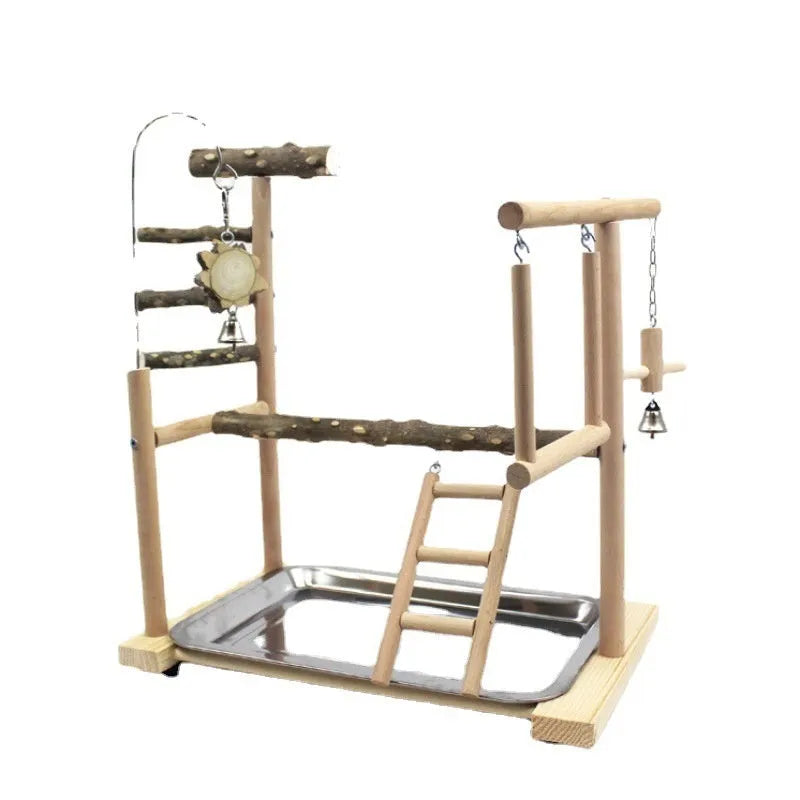 Tiger skin peony coloured parrot play stand made from pepper wood, featuring a xuanfeng design with a sub-stand pole and hanging toys.
