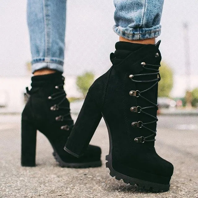 Women's suede high-heel ankle boots in army green with waterproof platform and rivet detailing