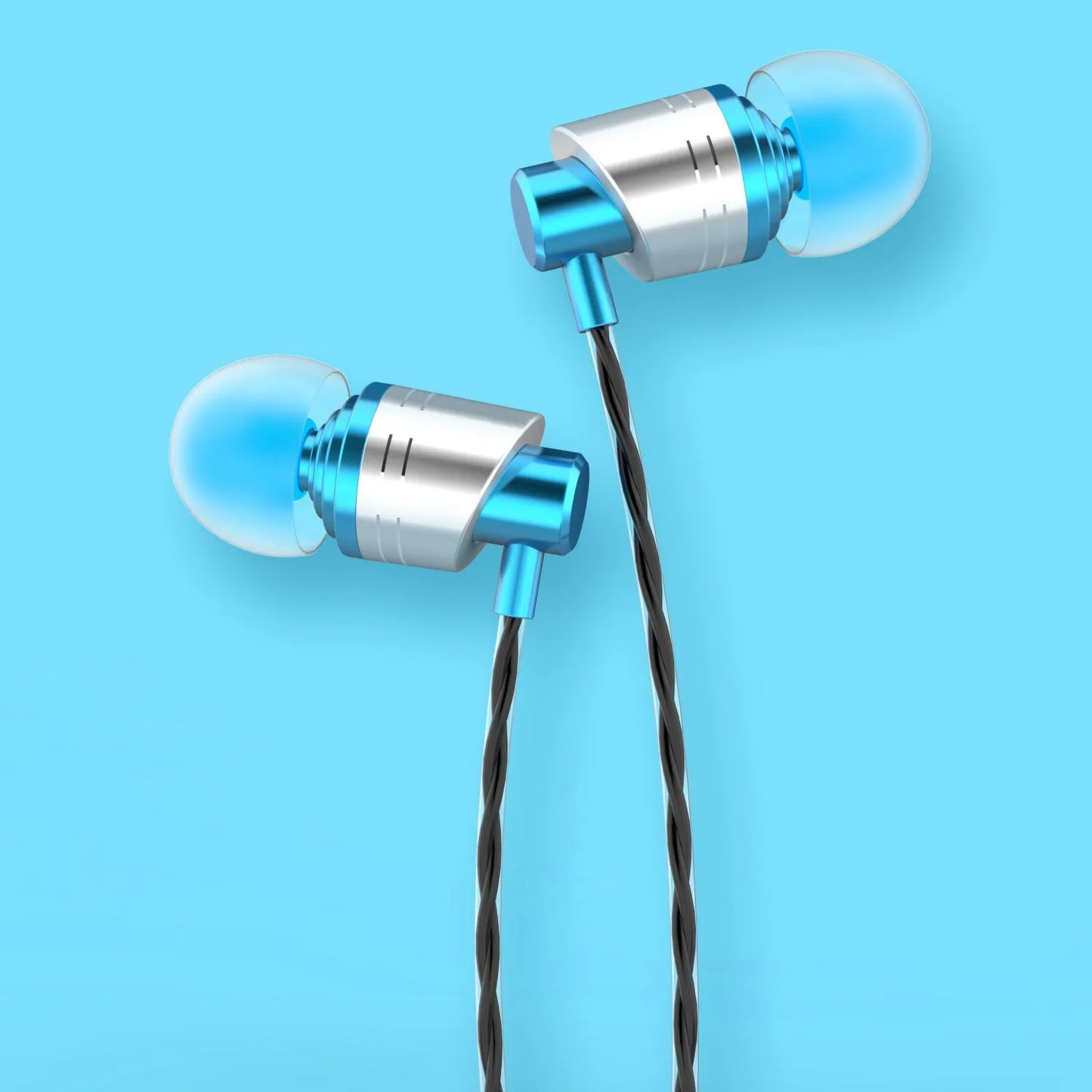 Black wired in-ear headphones with 3.5mm plug, TPE cable, and silicone ear tips for gaming and music