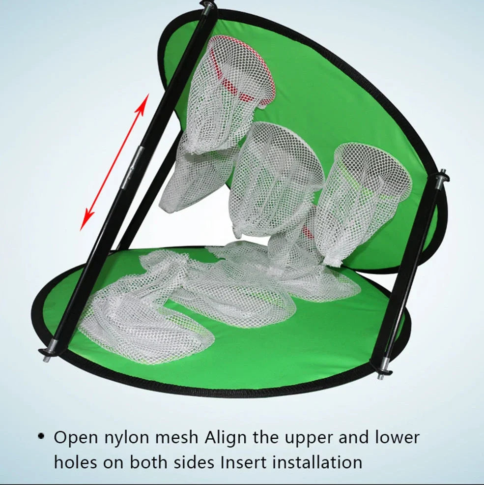 Green portable golf practice net with fibre glass frame unfolded to 57cm x 50cm dimensions